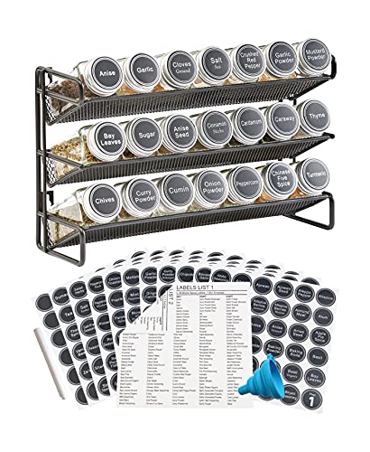 GONGSHI 3 Tier Spice Rack Organizer with 21 Empty Spice Jars, 386 Spice Labels, Chalk Marker and Funnel Set for Countertop Cabinet Pantry or Wall Door Mount - Black