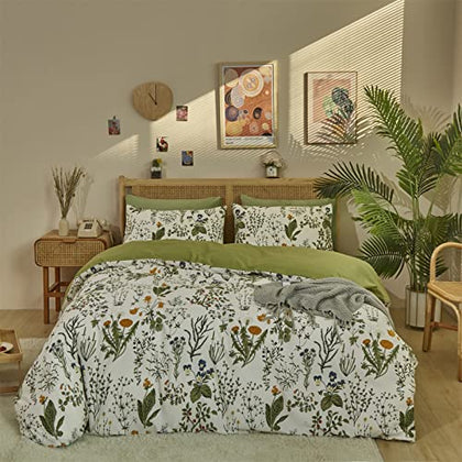 Wellboo Botanical Comforters Queen White and Green Floral Bedding Comforter Sets Sage Green Plant Bedding Full Girls Women Cotton Watercolor Flower Quilts Garden Bohemian Bedding Rustic Leaf Blossom