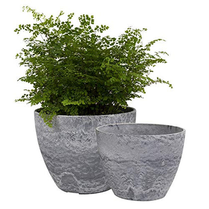 LA JOLIE MUSE Flower Pots Outdoor Garden Planters, Indoor Plant Pots with Drainage Holes, Plastic, Marble Pattern Grey, Set 2 (8.6 + 7.5 Inch)