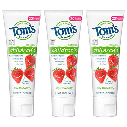 om's of Maine ADA Approved Fluoride Children's Toothpaste, Natural Toothpaste, Dye Free, No Artificial Preservatives, Silly Strawberry, 5.1 oz. 3-Pack (Packaging May Vary)