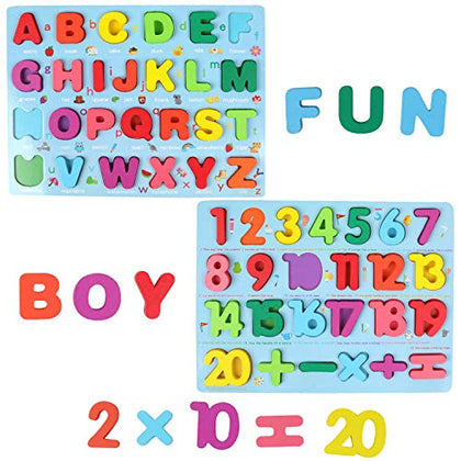 QZMTOY Wooden Puzzles for Toddlers, Kids Wood Numbers and Alphabets Chunky Puzzles, 2 in 1 Blue Puzzles Boards Set, Learning Puzzle Toy Preschool Education Gift for Age 3+ Years Old Boys Girls