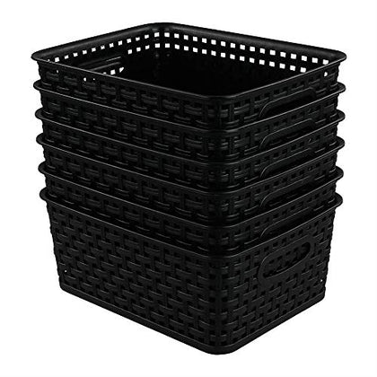 CadineUS 6-pack Black Woven Plastic Storage Baskets Organizing Bins