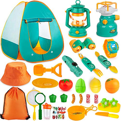 Aokiwo 45Pcs Kids Camping Tent Set, Pop Up Play Tent with Camping Gear Tools Indoor Outdoor Pretend Play Set for Toddler Boys/Girls - Including Telescope, Walkie Talkie, Camping Tent, Stove, and etc