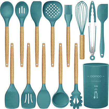 Silicone Cooking Utensils Set - 446°F Heat Resistant Silicone Kitchen Utensils for Cooking,Kitchen Utensil Spatula Set w Wooden Handles and Holder, BPA FREE Gadgets for Non-Stick Cookware (Blue)
