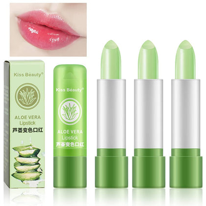 3 Pcs Aloe Vera Color Changing Lipstick,Long Lasting Lip Care Nutritious Plumper Lip Balm Moisturizer Magic Temperature Color Change Lip Gloss Matte Makeup