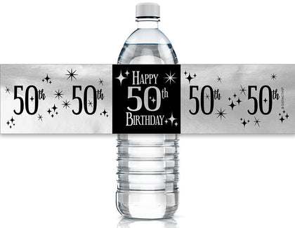 Black and Silver 50th Birthday Water Bottle Labels - Shiny Foil - 24 Stickers