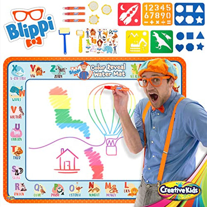 Blippi?Water Doodle Mat with Stamps, Stickers & More - Super Water Drawing Mat with Hidden Colors for Boys Girls - Water Coloring Mat for Toddlers - Outdoor Play - Summer Yard Games for Kids Age 2+