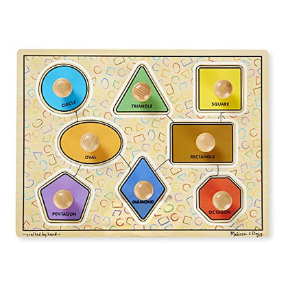 Melissa & Doug Deluxe Jumbo Knob Wooden Puzzle - Geometric Shapes (8 pcs) - Wooden Peg Chunky Baby Puzzle, Preschool Learning Puzzle, Wooden Puzzle Board For Toddlers Ages 1+