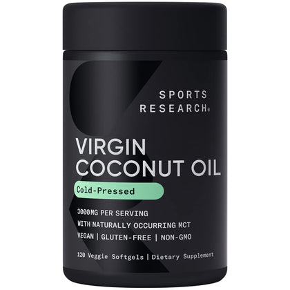 Sports Research Extra Virgin Organic Coconut Oil Capsules | Vegan, Non-GMO Verified Coconut Capsules (120 Plant Gels)