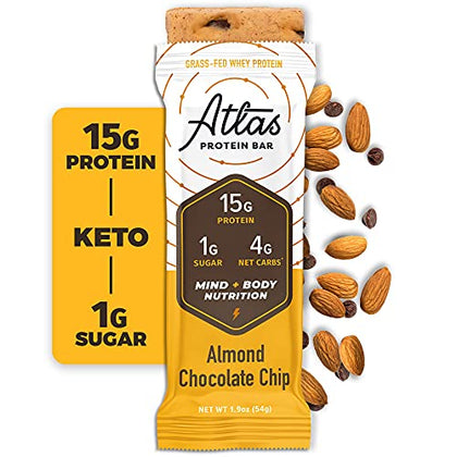 Atlas Protein Bar, 20g Protein, 1g Sugar, Clean Ingredients, Gluten Free (Almond Chocolate Chip, 12 Count (Pack of 1))