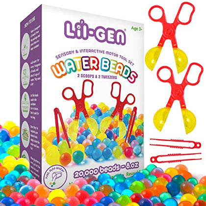 Lil Gen Kids Water Beads with Fine Motor Skills Toy Set, Non-Toxic Water Sensory Toy for Kids - 20,000 Beads with 2 Scoops and Tweezers for Early Skill Development