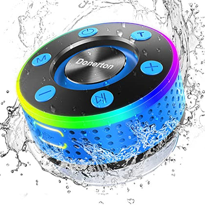 Donerton Bluetooth Shower Speaker, IPX-7 Waterproof Wireless Speakers HD Sound Stereo, Portable Speaker, LED Light Mini Speakers with Suction Cup, Radio, Pairing Mode, Built-in Mic, Handsfree, Blue