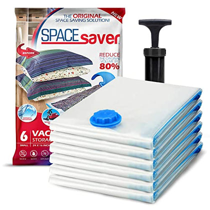 Spacesaver Premium Vacuum Storage Bags, 80% More Storage, Hand-Pump for Travel, Small Vacuum Bags for Travel with Double-Zip Seal and Triple Seal Turbo-Valve for Max Spacing in Storage (Small 6 Pack)