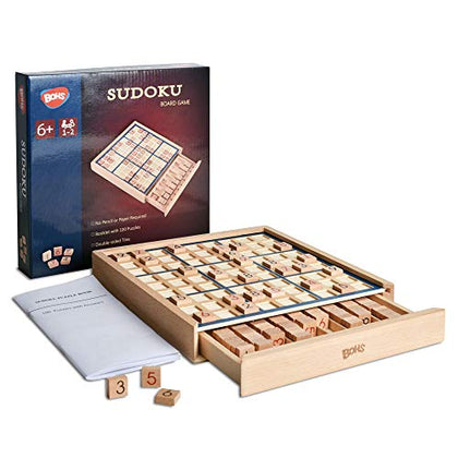 BOHS Wooden Sudoku Board Game with Drawer - with Book of 100 Sudoku Puzzles for Adults - Brain Teaser Desktop Toys