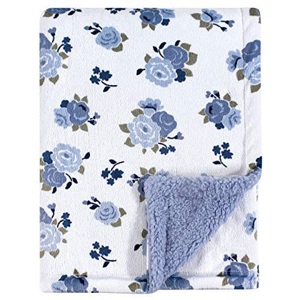 Luvable Friends Unisex Baby Plush Blanket with Sherpa Back, Blue Floral, One Size