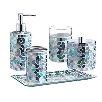 KMWARES Decorative Mosaic Glass Bathroom Accessories Set 5PCs - Includes Hande Soap Dispenser & Cotton Jar & Tumbler & Vanity Tray & Toothbrush Holder - Multi Blue Green