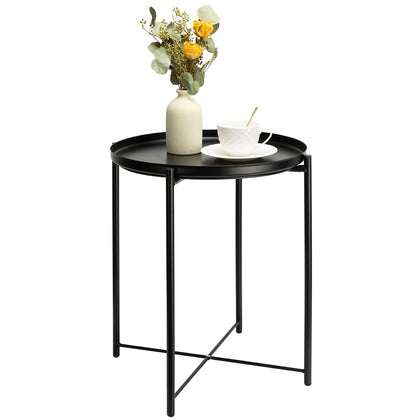 danpinera Metal Side Table, Black Side Table for Small Spaces Outdoor Patio Side Table Circle Metal Bedside Table Waterproof Removable Tray Round Accent Table for Nursery Bedroom Balcony Office Black