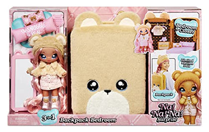 Na Na Na Surprise 3-in-1 Backpack Bedroom Playset Sarah Snuggles Fashion Doll in Exclusive Outfit, Fuzzy Teddy Bear Bag, Closet with Pillows & Blanket Accessories, Gift for Kids, Ages 5 6 7 8+ Years