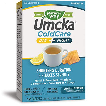 Nature's Way Umcka ColdCare Day+Night Homeopathic, Shortens Colds, Sore Throat, Cough, and Congestion, Phenylephrine Free, Lemon & Honey Flavors, 12 Packets Hot Drink Mixes