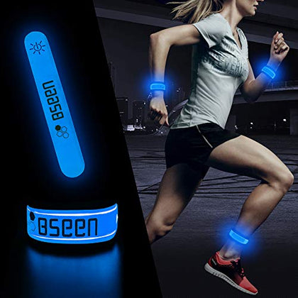 BSEEN LED Armbands - 2 Pack Glow in The Dark Arm Bands, Reflective Gear Running Lights, Elastic Light Up Wristbands for Runners, Joggers, Pet Owners, Cyclists (Blue-Version 2)