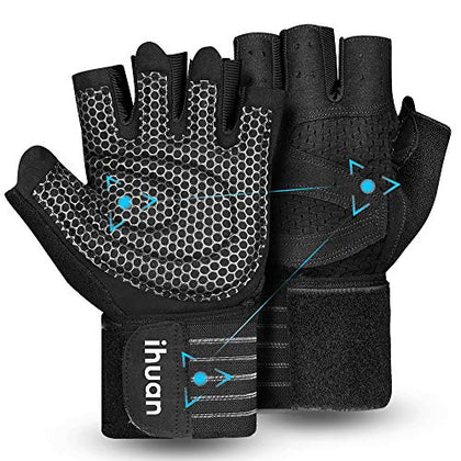 ihuan Ventilated Weight Lifting Gym Workout Gloves with Wrist Wrap Support for Men & Women, Full Palm Protection, for Weightlifting, Training, Fitness, Hanging, Pull ups