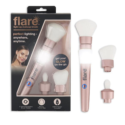 Taste Beauty Flare LED Light-Up Makeup Brush, 3 Interchangeable Heads, USB-C Charger, and Travel Bag