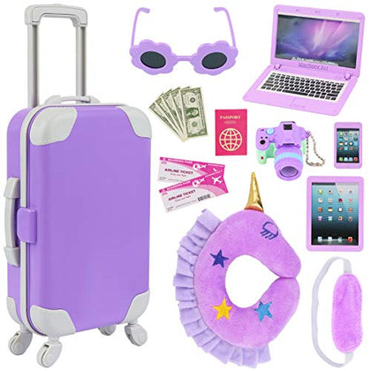 K.T. Fancy 23 pcs 18 Inch Doll Accessories Suitcase Travel Luggage Play Set for 18 Inch Doll Travel Carrier, Sunglasses Camera Computer Phone Pad Travel Pillow Passport Tickets Cashes