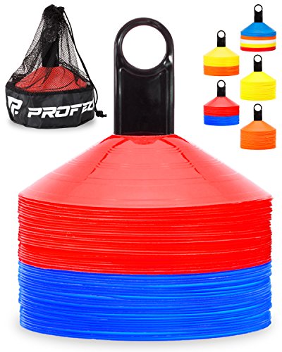 Pro Disc Cones (Set of 50) - Agility Soccer Cones with Carry Bag and Holder for Sports Training, Football, Basketball, Coaching, Practice Equipment, Kids - Includes 15 Best Drills Book (Blue and Red)