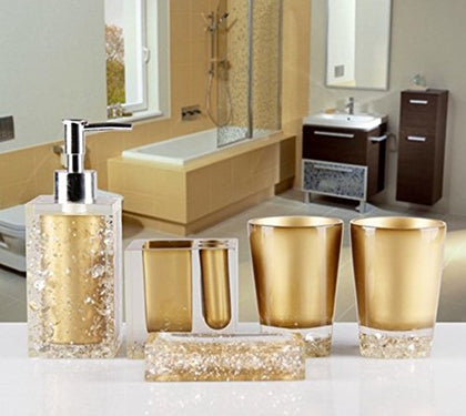 AMSS 5 Piece Stunning Bathroom Accessories Set in Crystal Like Acrylic Tumbler Dispenser Soap Dish Cups,Gold