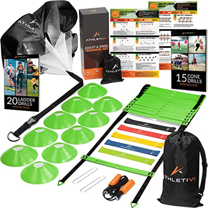 Athletivi Agility Training Equipment Set for Proffesional Training, Adults, Youth & Kids. Soccer & Footbal Training Set with Fixed-Rung Ladder - Enhance Speed, Power & Strength. (Green)