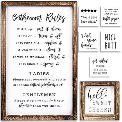 Farmhouse Bathroom Decor Set of 2 - Funny Interchangeable Wall Signs That Will Bring a Good Laugh To Your Bathroom - Rustic Wooden Picture Frames with Unique Sayings Are Perfect For Your Home