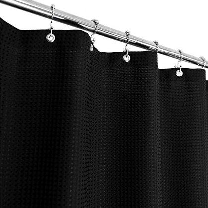 Stall Shower Curtain Fabric 36 x 72 Inch, Waffle Weave, Hotel Luxury Spa, 230 GSM Heavy Duty, Water Repellent, Black Pique Pattern Decorative Bathroom Curtain