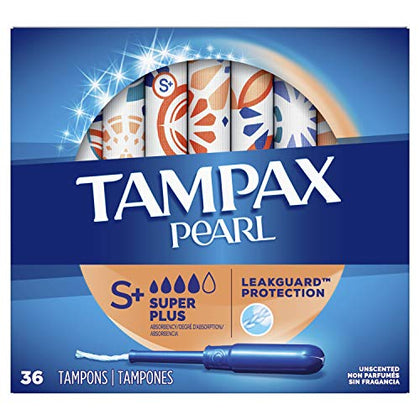 Tampax Pearl Plastic Tampons, Super Plus Absorbency, Unscented, 36 Count - Pack of 2 (72 Total Count)