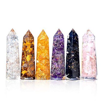 Healing Crystal Wand Set of 6 Orgonite - Includes 3 Amethyst Crystal, Tigers Eye, Rose Quartz, Black Tourmaline Stone, Citrine and Clear Quartz Orgone Crystal Plus Black Tourmaline Necklace