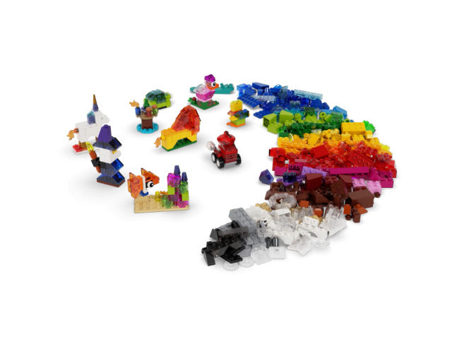 LEGO Classic Creative Transparent Bricks Building Set 11013 for Girls and Boys, STEM Toy and Preschool Hands-On Learning Toy, Includes Wizard, Unicorn, Lion, Bird, and Turtle