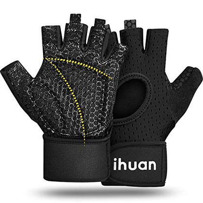 ihuan Breathable Weight Lifting Gloves: Fingerless Workout Gym Gloves Wrist Support Palm Protection Extra Grip for Fitness Rowing Pull-ups