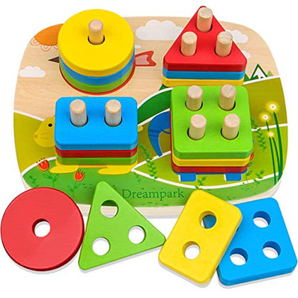 Dreampark Montessori Educational Toddler Toys for Boys Girls Age 1 2 3 4 Years Old and Up, Wooden Shape Color Recognition Preschool Stack and Sort Geometric Board Blocks for Kids Children, Non-Toxic