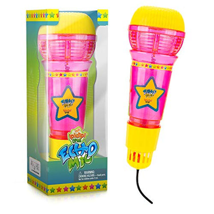 Echo Mic for Kids, Toddlers - Magic Microphone with Multicolored Flashing Light and Fun Rattle - Pink and Yellow - Speech Therapy Feedback Toy - Retro Gift For Boys, Girls Who Love Singing and Music