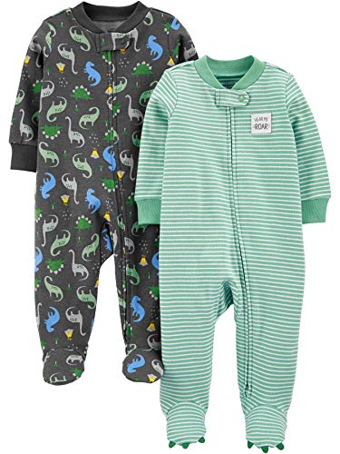 Simple Joys by Carter's Baby Boys' 2-Way Zip Cotton Footed Sleep and Play, Pack of 2, Dinosaur Print, 3-6 Months
