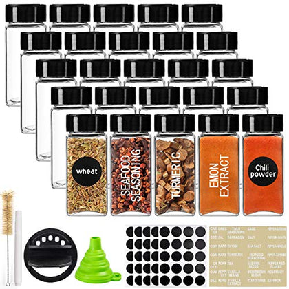 CUCUMI 25 Pcs Glass Spice Jars with Labels, 4oz Square Seasoning Jars with Black Lids for Spice, Silicone Collapsible Funnel, Brush and Chalk Marker Included