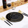 WELLIFE 120 PCS Black Plates Disposable, Gold Disposable Cutlery with Black Handle, Includes 24 Dinner Plates, 24 Dessert Plates, 96 Black Gold Cutlery for Party and Weddings