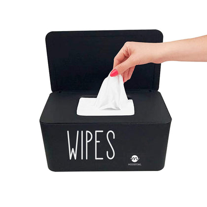 Moorfowl Baby Wipe Dispenser for Bathroom, Upgarde Design(8.2L x 4.9W x 3.9H inches), Minimalist Wipes Holder Container Flushable Wipes Box with Lid for Home Office Car (Black-New)