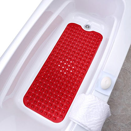 SlipX Solutions Power Grip Extra Long Bath Tub & Shower Mat 39x16, Wet Floor Non-Slip for Elderly & Kids Bathroom, 30% Longer Bathtub Mats, 200 Suction Cups, Drain Holes, Machine Wash, Red