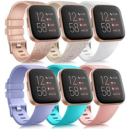 6 Pack Sport Bands Compatible with Fitbit Versa 2 / Versa/Versa Lite/Versa SE, Classic Soft Silicone Replacement Wristbands for Smart Watch Women Men (6 Pack B, Small)