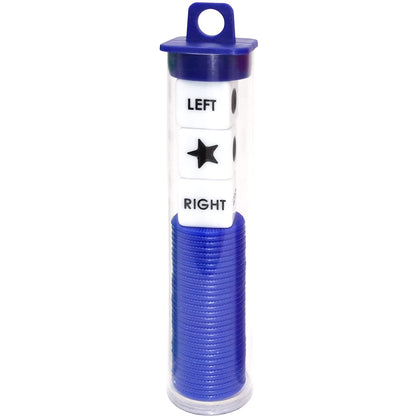 Left Right Center Dice Game Prime Set Bundle with 3 Dices + 36 Chips. Round Tube Storage is Very Convenient for Travel. Easy to Store, Carry Around. (Blue)