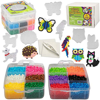 SCS Direct 8,000pc Fuse Bead Super Kit w/Animal Pegboards and Templates -12 Colors, 6 Peg Boards, Tweezers, Ironing Paper, Case - Art Craft Pizel Project, Kids Birthday Party, Holiday Craft