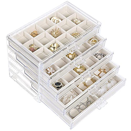 misaya Earring Jewelry Organizer with 5 Drawers, Birthday and Christmas Gift, Clear Acrylic Jewelry Box for Women, Velvet Earring Display Holder for Earrings Ring Bracelet Necklace, Cream
