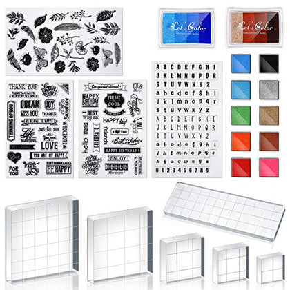 22 Pieces Acrylic Stamp Blocks Tools Set Include 6 Stamp Blocks Acrylic Stamping Clear Block, 4 Transparent Silicone Clear Stamps Seal, 12 Craft Ink Pad Stamp Pad for Scrapbooking Card Making