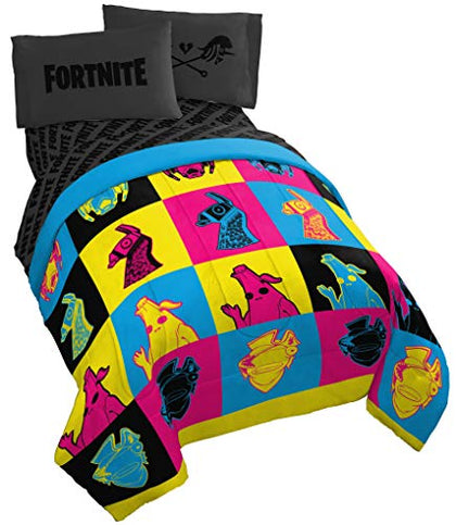 Jay Franco Fortnite Neon Warhol 5 Piece Full Bed Set - Includes Comforter & Sheet Set - Bedding Features Llama, Peely, & Vertex - Super Soft Fade Resistant Microfiber (Official Fortnite Product)
