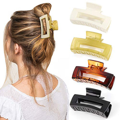 Canitor 4 PCS Hair Claw Clips,3.1 inches Acrylic Rectangular Hair Clips Tortoise Barrettes French Design Banana Jaw Clips Hair Clips for Thin Hair Non-slip Clip (Amber, Jelly Green, Black, White?